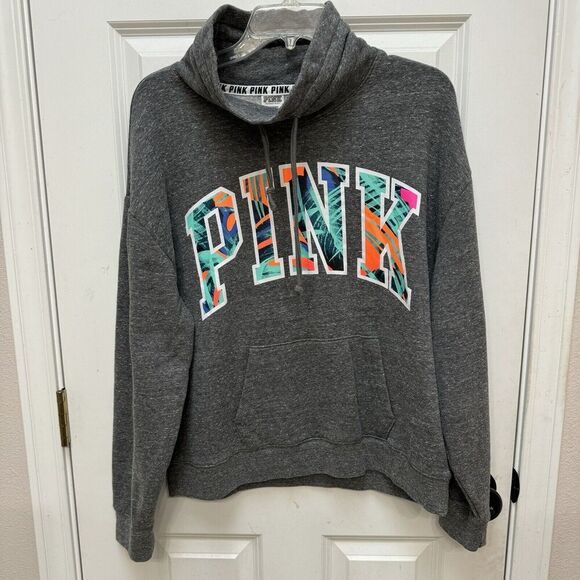 Victoria's Secret Pink Tropical Palm Cowl Neck Pullover Heather Gray Logo L - Picture 1 of 6